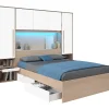 Vente-unique Lit pont 160 x 200 cm avec rangements - avec LEDs - Coloris : Naturel et blanc brillant - VELONA* Lit Avec Rangement