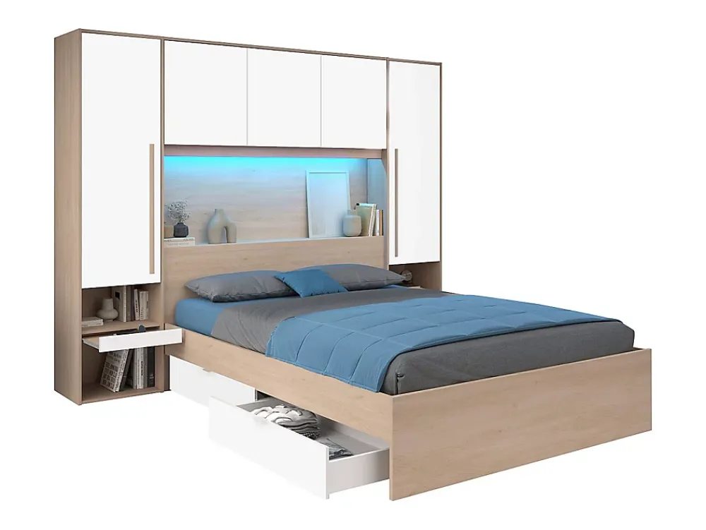 Vente-unique Lit pont 160 x 200 cm avec rangements - avec LEDs - Coloris : Naturel et blanc brillant - VELONA* Lit Avec Rangement