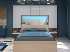 Vente-unique Lit pont 160 x 200 cm avec rangements - avec LEDs - Coloris : Naturel et blanc brillant - VELONA* Lit Avec Rangement