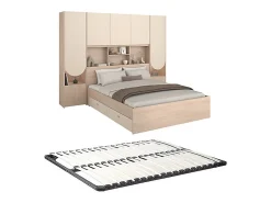 Vente-unique Lit pont 140 x 190 cm avec rangements - Avec LEDs - Coloris : Beige et naturel + Sommier - DOMELITO* Lit Avec Rangement