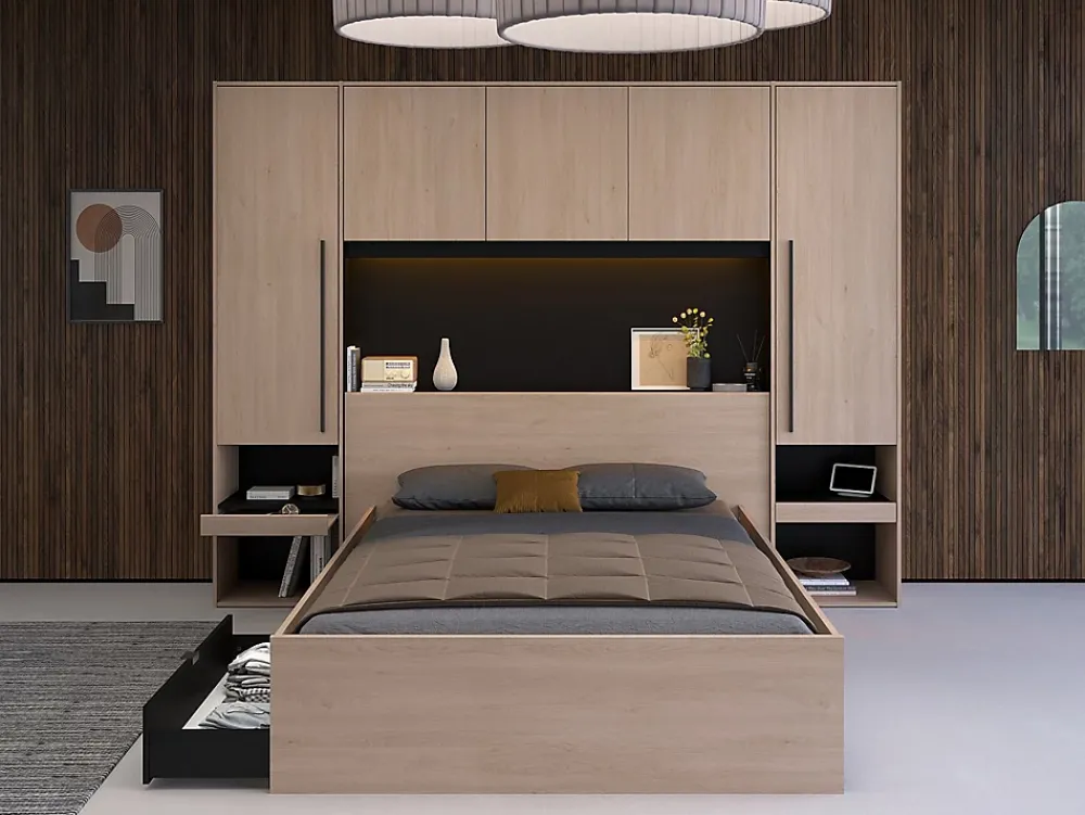 Vente-unique Lit pont 140 x 190 cm avec rangements - Avec LEDs - Coloris : Naturel et noir - VELONA* Lit Avec Rangement