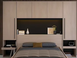 Vente-unique Lit pont 140 x 190 cm avec rangements - Avec LEDs - Coloris : Naturel et noir - VELONA* Lit Avec Rangement