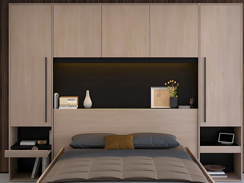 Vente-unique Lit pont 140 x 190 cm avec rangements - Avec LEDs - Coloris : Naturel et noir - VELONA* Lit Avec Rangement