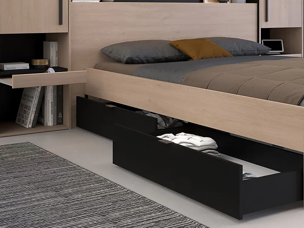 Vente-unique Lit pont 140 x 190 cm avec rangements - Avec LEDs - Coloris : Naturel et noir - VELONA* Lit Avec Rangement
