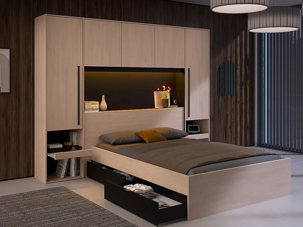 Vente-unique Lit pont 140 x 190 cm avec rangements - Avec LEDs - Coloris : Naturel et noir - VELONA* Lit Avec Rangement
