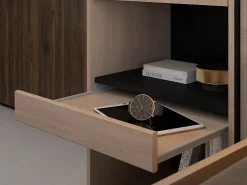 Vente-unique Lit pont 140 x 190 cm avec rangements - Avec LEDs - Coloris : Naturel et noir - VELONA* Lit Avec Rangement