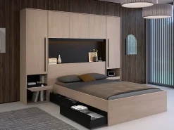 Vente-unique Lit pont 140 x 190 cm avec rangements - Avec LEDs - Coloris : Naturel et noir - VELONA* Lit Avec Rangement