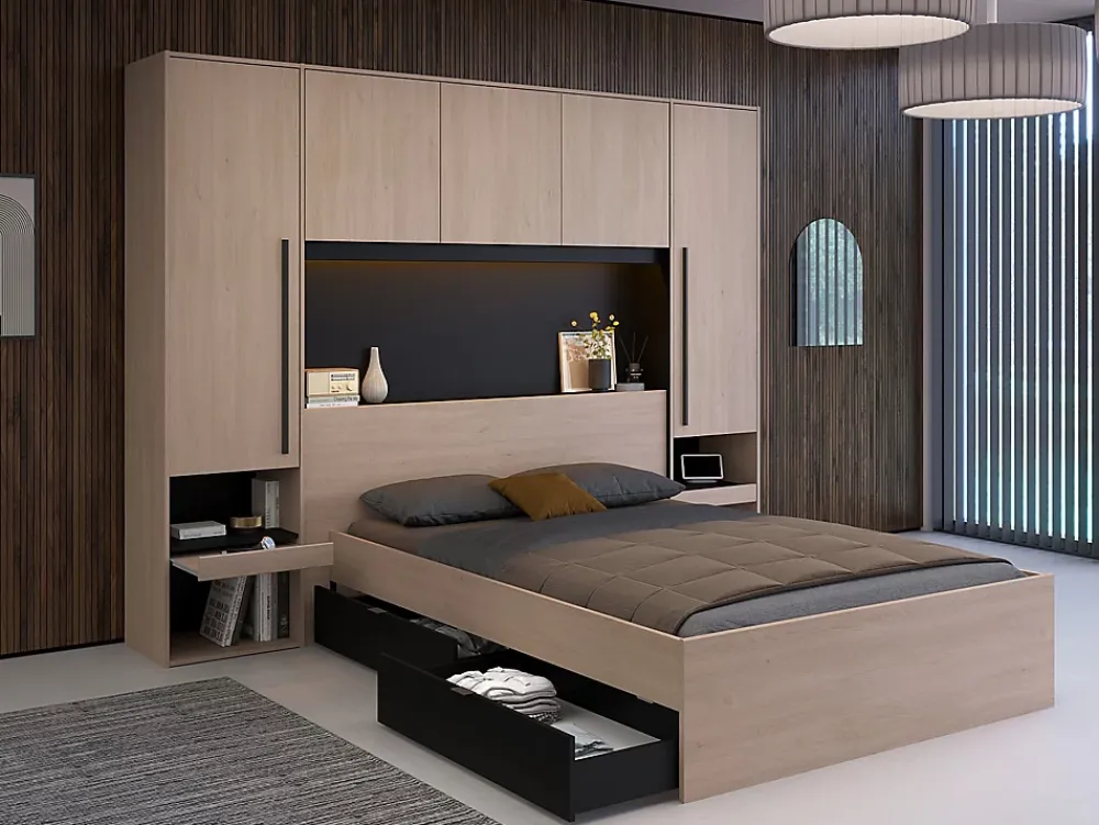 Vente-unique Lit pont 140 x 190 cm avec rangements - Avec LEDs - Coloris : Naturel et noir - VELONA* Lit Avec Rangement