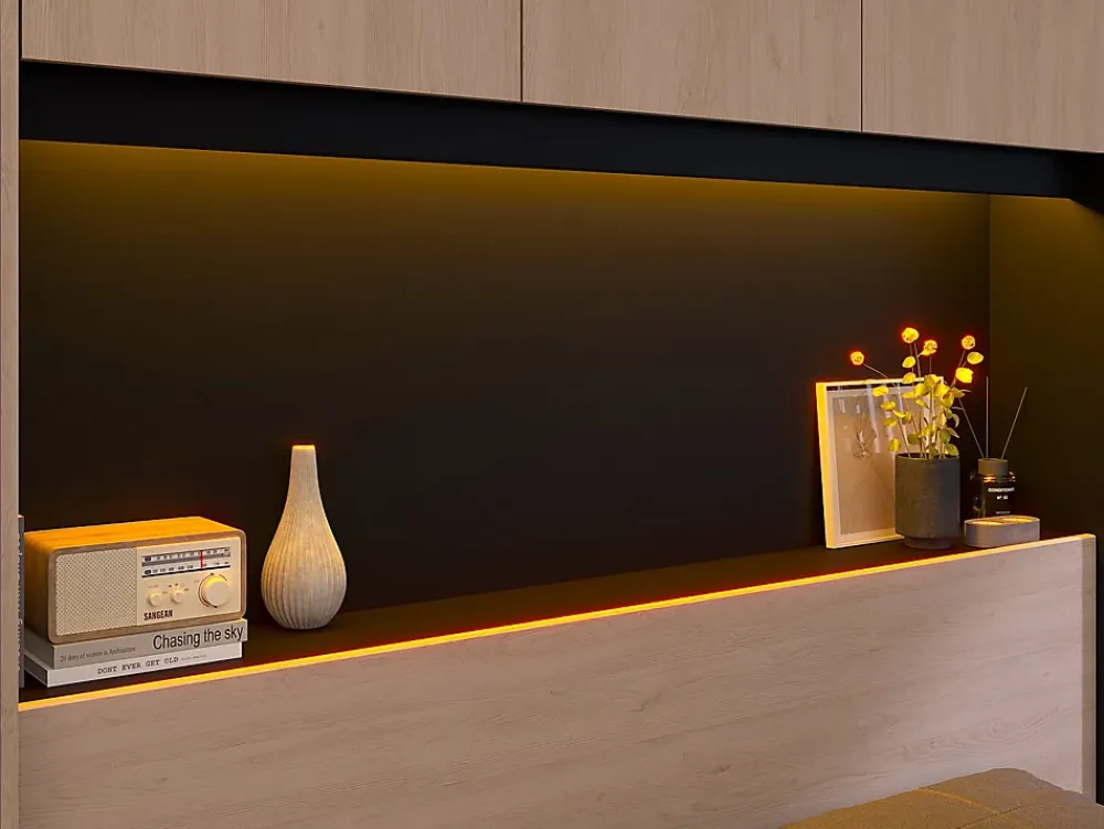 Vente-unique Lit pont 140 x 190 cm avec rangements - Avec LEDs - Coloris : Naturel et noir - VELONA* Lit Avec Rangement