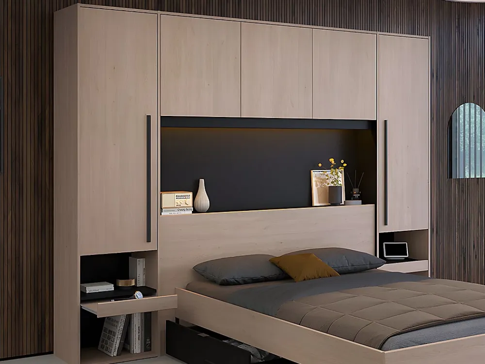 Vente-unique Lit pont 140 x 190 cm avec rangements - Avec LEDs - Coloris : Naturel et noir - VELONA* Lit Avec Rangement