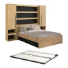 Lit pont 140 x 190/200 cm avec rangements - Avec LEDs - Coloris : Naturel et noir + Sommier - VARLY>Vente-unique Discount