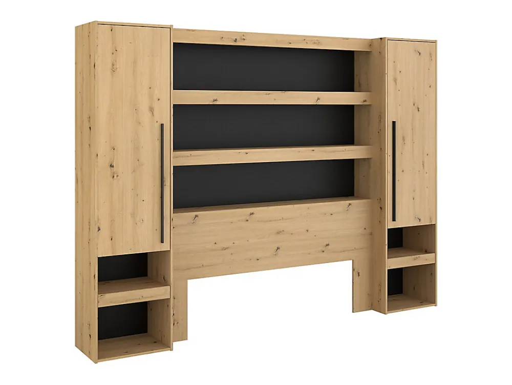 Lit pont 140 x 190/200 cm avec rangements - Avec LEDs - Coloris : Naturel et noir + Sommier - VARLY>Vente-unique Discount