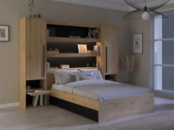Lit pont 140 x 190/200 cm avec rangements - Avec LEDs - Coloris : Naturel et noir + Sommier - VARLY><noscript><img width=
