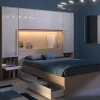 Vente-unique Lit pont 140 x 190 cm avec rangements - Avec LEDs - Coloris : Naturel et blanc brillant - VELONA* Lit Avec Rangement