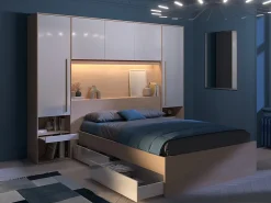 Vente-unique Lit pont 140 x 190 cm avec rangements - Avec LEDs - Coloris : Naturel et blanc brillant - VELONA* Lit Avec Rangement