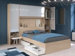 Vente-unique Lit pont 140 x 190 cm avec rangements - Avec LEDs - Coloris : Naturel et blanc brillant - VELONA* Lit Avec Rangement
