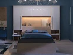 Vente-unique Lit pont 140 x 190 cm avec rangements - Avec LEDs - Coloris : Naturel et blanc brillant - VELONA* Lit Avec Rangement