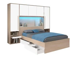 Vente-unique Lit pont 140 x 190 cm avec rangements - Avec LEDs - Coloris : Naturel et blanc brillant - VELONA* Lit Avec Rangement
