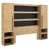Vente-unique Lit pont 160 x 200 cm avec rangements - Avec LEDs - Coloris : Naturel et noir + Sommier + Matelas - VARLY* Lit Avec Rangement