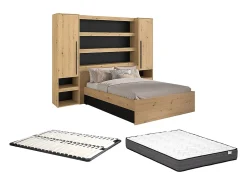 Vente-unique Lit pont 160 x 200 cm avec rangements - Avec LEDs - Coloris : Naturel et noir + Sommier + Matelas - VARLY* Lit Avec Rangement
