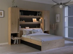 Vente-unique Lit pont 160 x 200 cm avec rangements - Avec LEDs - Coloris : Naturel et noir + Sommier + Matelas - VARLY* Lit Avec Rangement