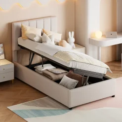 Fortuna lai Lit Pour Enfant Rembourré, 90 X 200 Cm, Coffre De Rangement Hydraulique, En Lin, Beige*Enfant Lit Enfant