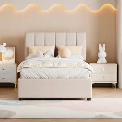 Fortuna lai Lit Pour Enfant Rembourré, 90 X 200 Cm, Coffre De Rangement Hydraulique, En Lin, Beige*Enfant Lit Enfant