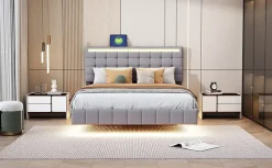 Redom Lit rembourré 140 par 200 cm avec cadre flottant LED et tête de lit moderne en lin doux gris pour chambre élégante* Lit Double