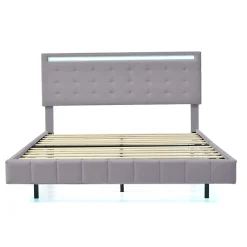 Redom Lit rembourré 140 par 200 cm avec cadre flottant LED et tête de lit moderne en lin doux gris pour chambre élégante* Lit Double