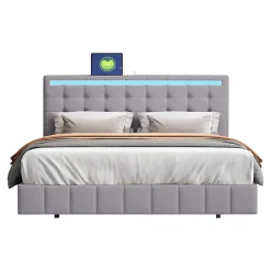 Redom Lit rembourré 140 par 200 cm avec cadre flottant LED et tête de lit moderne en lin doux gris pour chambre élégante* Lit Double