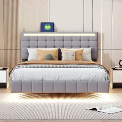 Redom Lit rembourré 140 par 200 cm avec cadre flottant LED et tête de lit moderne en lin doux gris pour chambre élégante* Lit Double