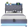 Lit rembourré 90 par 200 cm avec LED multicolores prise USB tête relevable rangement hydraulique poches latérales tissu gris>Redom Clearance