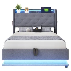 Lit rembourré 90 par 200 cm avec LED multicolores prise USB tête relevable rangement hydraulique poches latérales tissu gris>Redom Clearance