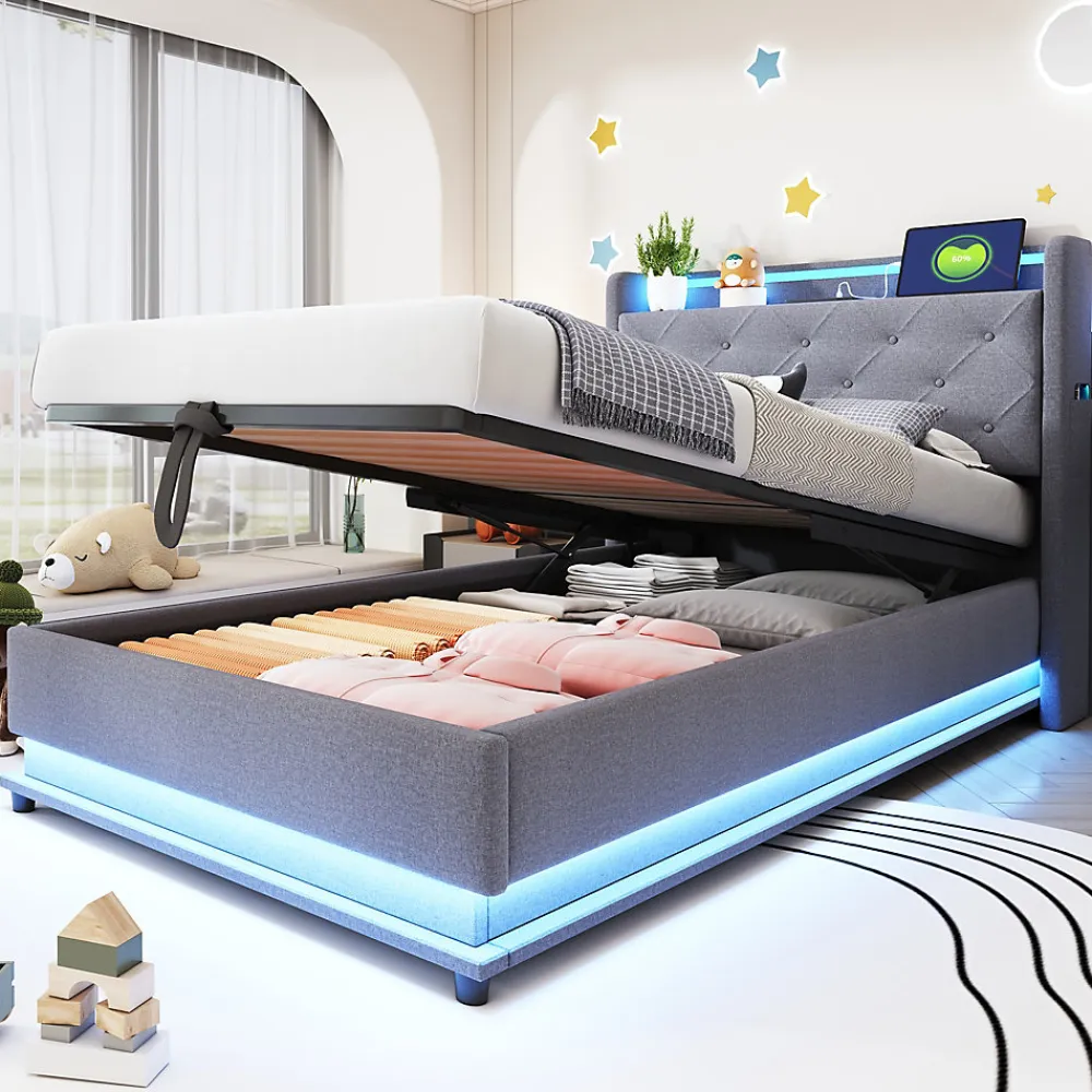 Lit rembourré 90 par 200 cm avec LED multicolores prise USB tête relevable rangement hydraulique poches latérales tissu gris>Redom Clearance