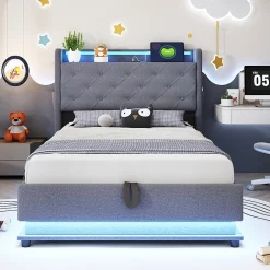 Lit rembourré 90 par 200 cm avec LED multicolores prise USB tête relevable rangement hydraulique poches latérales tissu gris><noscript><img width=