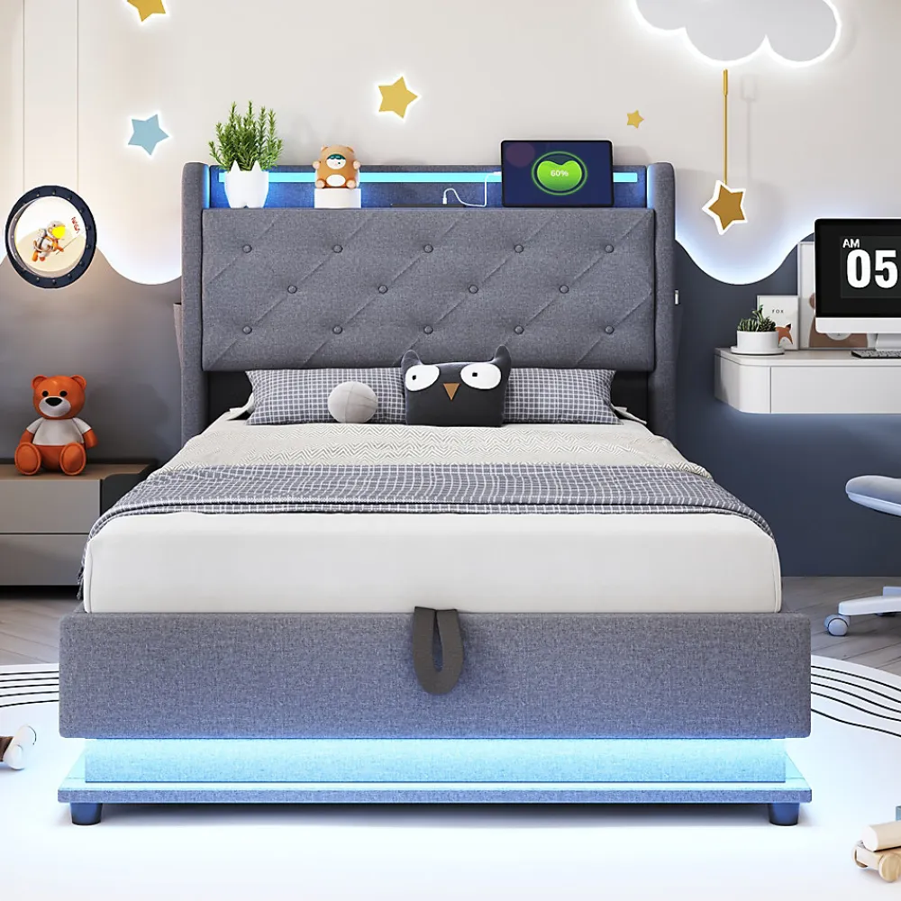 Lit rembourré 90 par 200 cm avec LED multicolores prise USB tête relevable rangement hydraulique poches latérales tissu gris>Redom Clearance