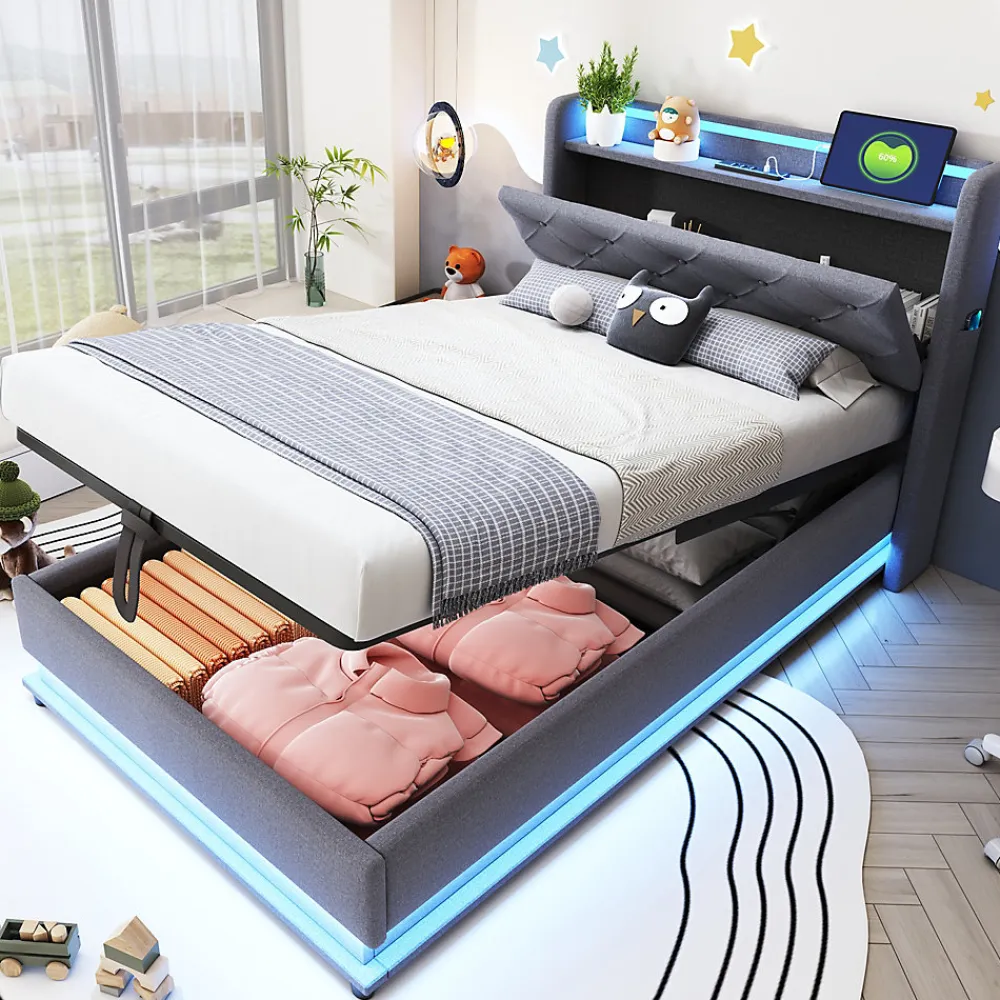 Lit rembourré 90 par 200 cm avec LED multicolores prise USB tête relevable rangement hydraulique poches latérales tissu gris>Redom Clearance
