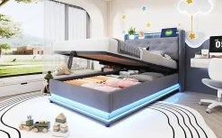 Lit rembourré 90 par 200 cm avec LED multicolores prise USB tête relevable rangement hydraulique poches latérales tissu gris><noscript><img width=