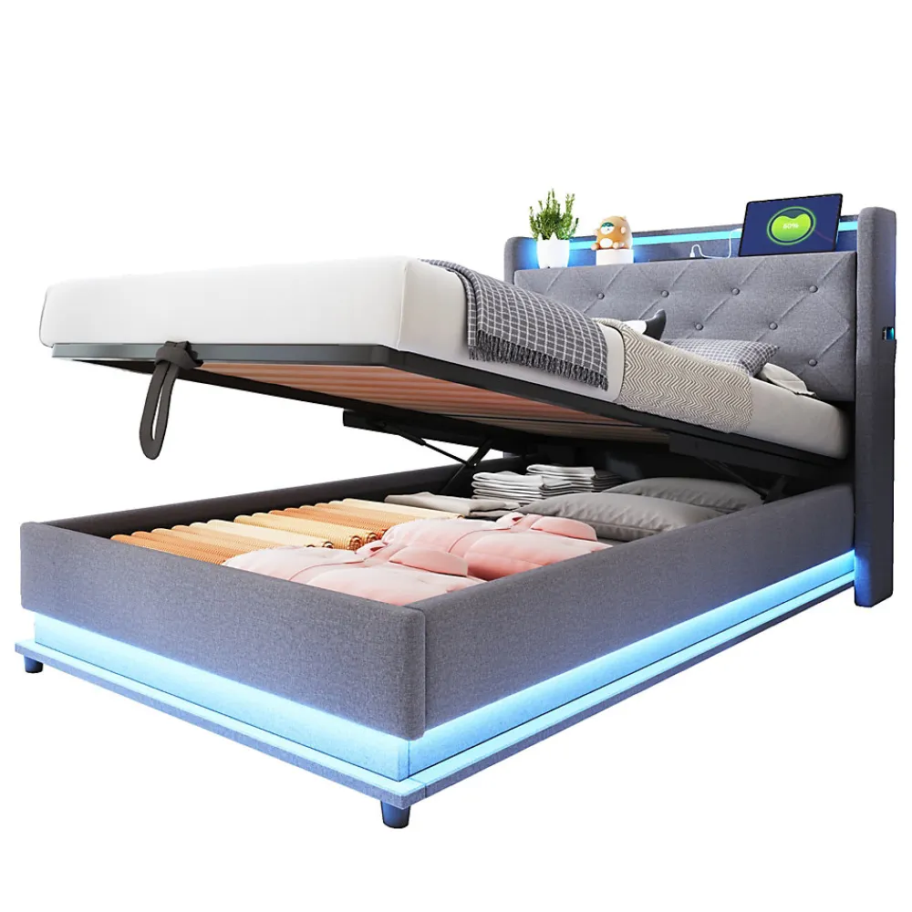 Lit rembourré 90 par 200 cm avec LED multicolores prise USB tête relevable rangement hydraulique poches latérales tissu gris>Redom Clearance