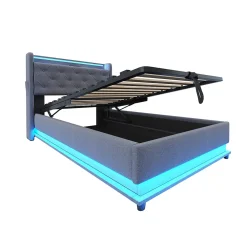 Lit rembourré 90 par 200 cm avec LED multicolores prise USB tête relevable rangement hydraulique poches latérales tissu gris><noscript><img width=