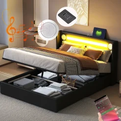 Redom Lit rembourré 140 sur 200 avec éclairage LED lecteur Bluetooth port USB rangement en cuir PU sommier inclus noir élégant* Lit Avec Rangement