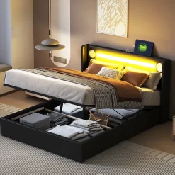 Redom Lit rembourré 140 sur 200 avec éclairage LED lecteur Bluetooth port USB rangement en cuir PU sommier inclus noir élégant* Lit Avec Rangement