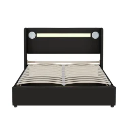 Redom Lit rembourré 140 sur 200 avec éclairage LED lecteur Bluetooth port USB rangement en cuir PU sommier inclus noir élégant* Lit Avec Rangement