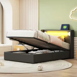 Redom Lit rembourré 90 sur 200 avec éclairage LED lecteur Bluetooth port USB rangement en cuir PU sommier inclus pour chambre jeune* Lit Avec Rangement