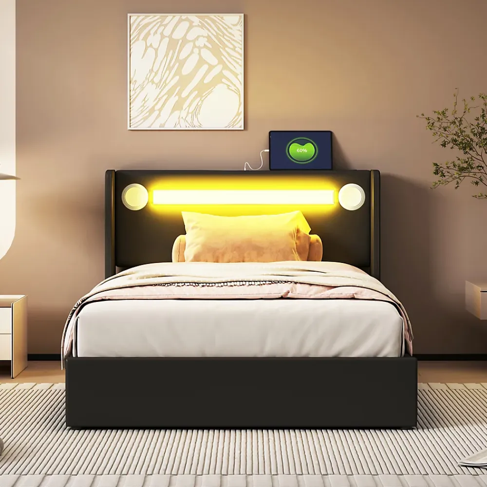 Redom Lit rembourré 90 sur 200 avec éclairage LED lecteur Bluetooth port USB rangement en cuir PU sommier inclus pour chambre jeune* Lit Avec Rangement