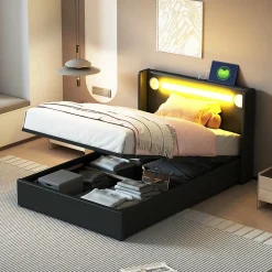 Redom Lit rembourré 90 sur 200 avec éclairage LED lecteur Bluetooth port USB rangement en cuir PU sommier inclus pour chambre jeune* Lit Avec Rangement
