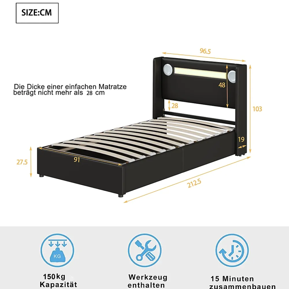 Redom Lit rembourré 90 sur 200 avec éclairage LED lecteur Bluetooth port USB rangement en cuir PU sommier inclus pour chambre jeune* Lit Avec Rangement