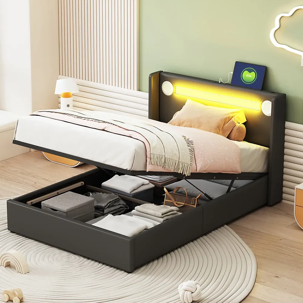 Redom Lit rembourré 90 sur 200 avec éclairage LED lecteur Bluetooth port USB rangement en cuir PU sommier inclus pour chambre jeune* Lit Avec Rangement