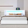 Redom Lit rembourré 160 sur 200 avec éclairage LED lecteur Bluetooth port USB rangement en cuir PU sommier inclus blanc moderne* Lit Avec Rangement