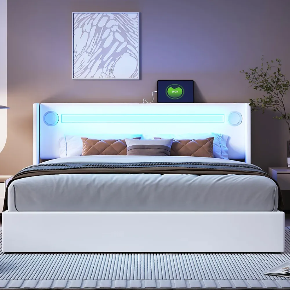 Redom Lit rembourré 160 sur 200 avec éclairage LED lecteur Bluetooth port USB rangement en cuir PU sommier inclus blanc moderne* Lit Avec Rangement